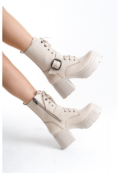 Linma Bej Cilt Bağcıklı Topuklu Bot