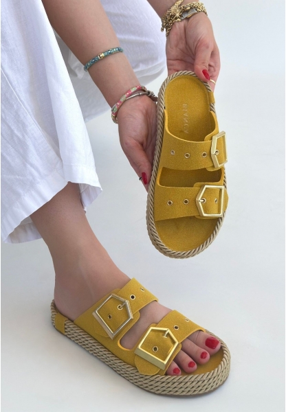 Loera Sarı Nubuk Çift Tokalı Terlik