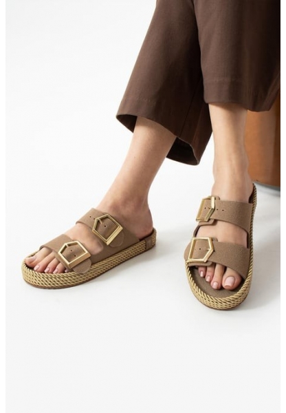 Loera Vizon Nubuk Çift Tokalı Terlik