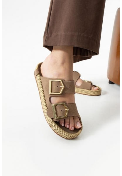 Loera Vizon Nubuk Çift Tokalı Terlik