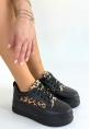 Lorrin Siyah Cilt Leopar Detaylı Bağcıklı Spor Ayakkabı