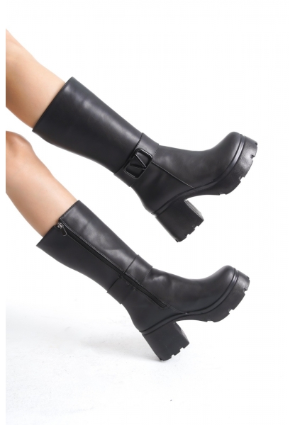 Moki Siyah Cilt Topuklu Çizme