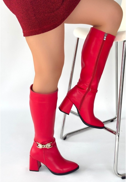 Mooni Kırmızı Cilt Topuklu Çizme