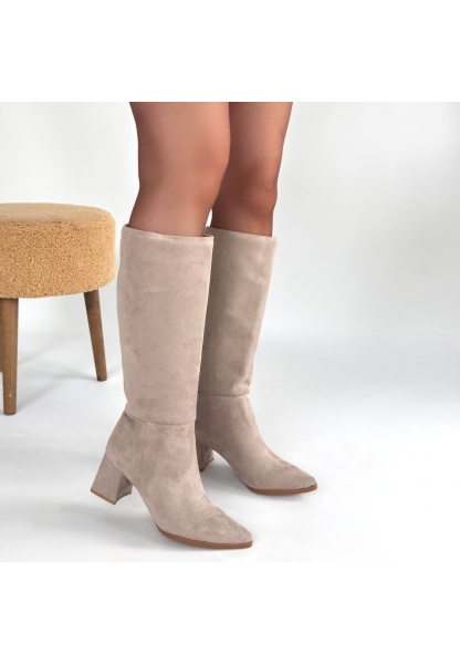 Roksa Bej Süet Topuklu Çizme