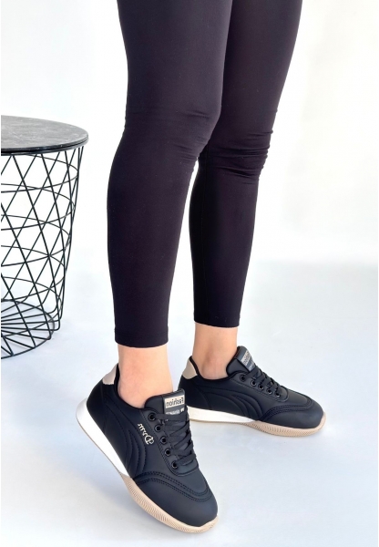 Tawen Siyah Cilt Bej Tabanlı Bağcıklı Spor Ayakkabı