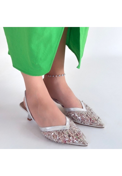 Toyi Gümüş Saten Topuklu Ayakkabı